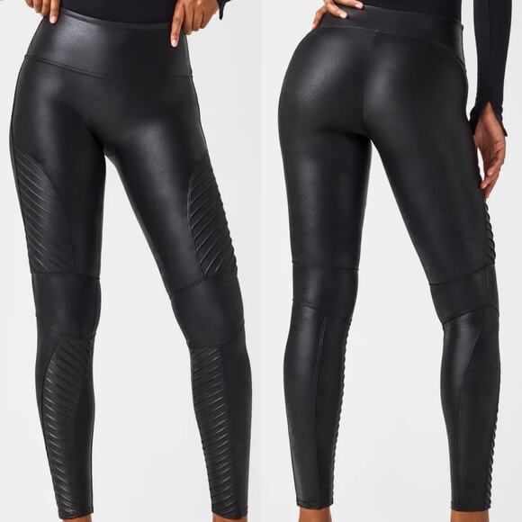 Spanx Faux Leather Moto Leggings Tights In Very Black Ankle Length Size Large - Picture 1 of 16